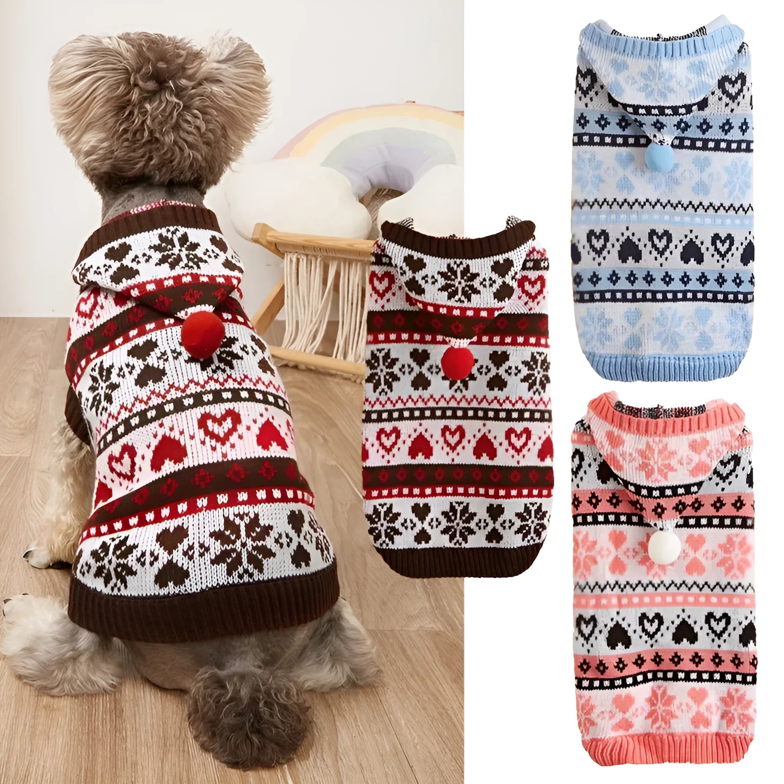Pink knitted dog sweater with snowflake and striped camouflage patterns on a small Bichon dog