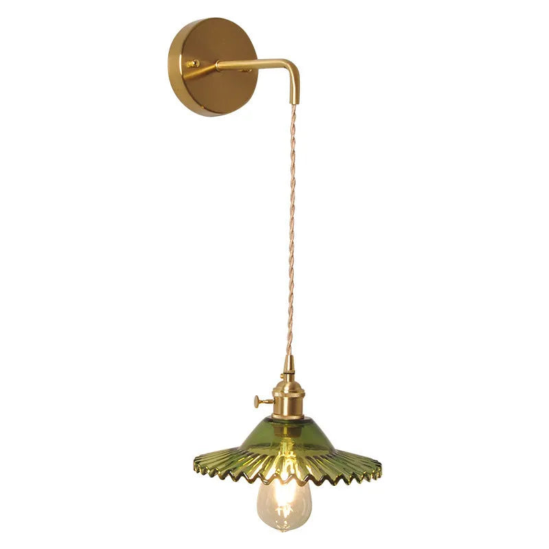 Copper retro brass lotus wall lamp with glass shade in choice of six colours on wall