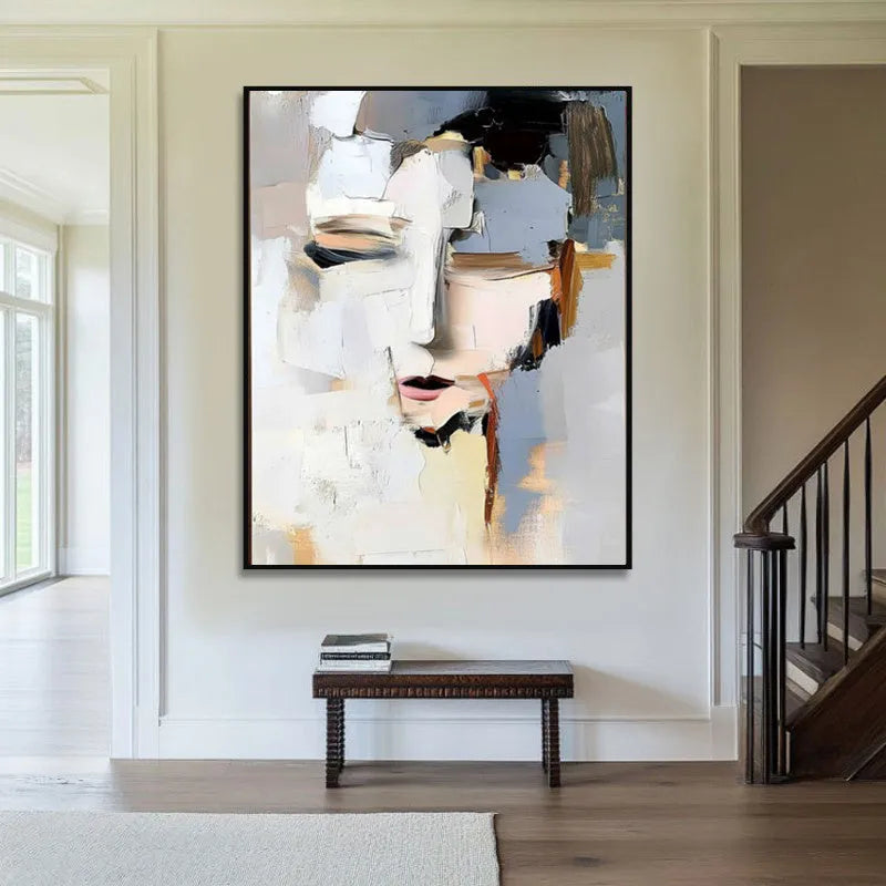 Abstract woman face hand-painted oil painting on canvas, modern black and white vertical wall art