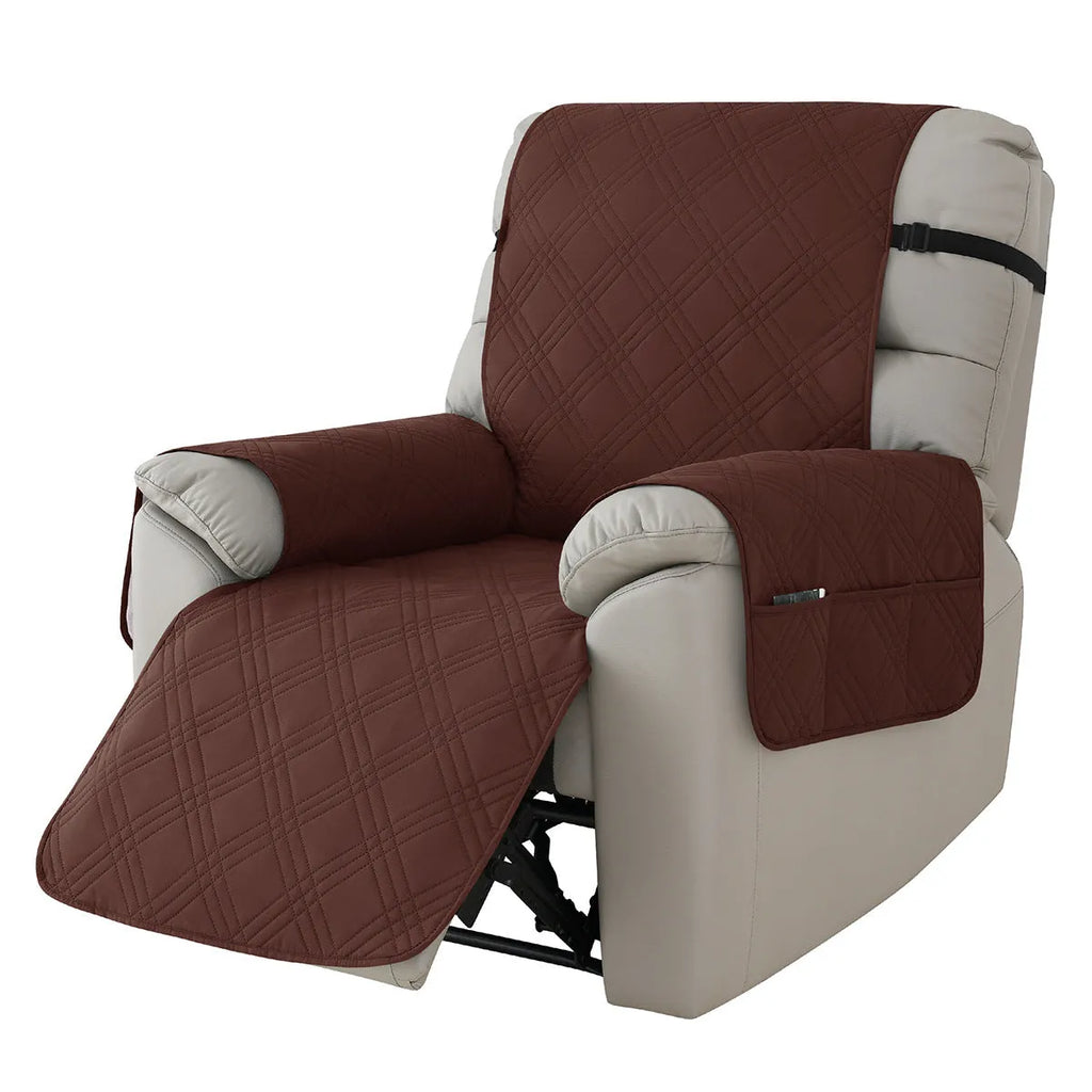 Quilted waterproof cover fitted on a small single Chivas massage chair in peacock blue colour.