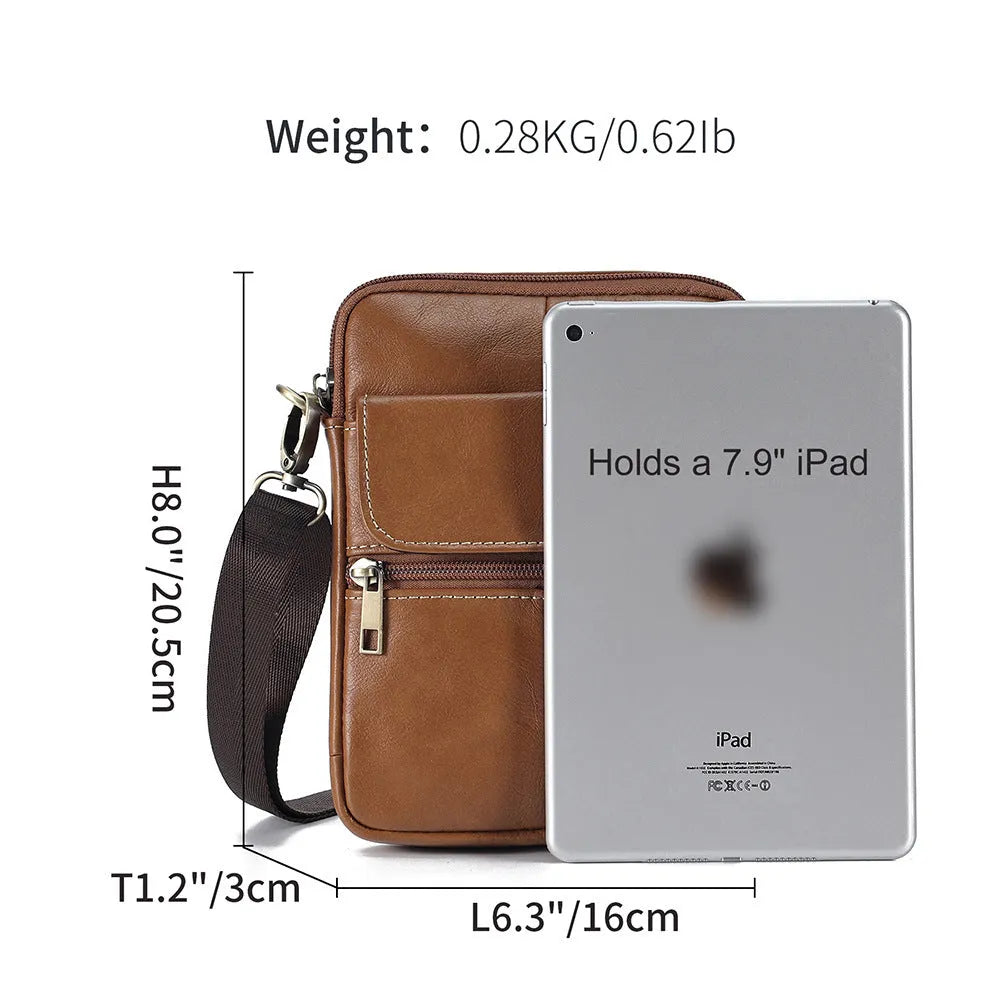 Men's brown genuine leather crossbody shoulder bag with sewing line detailing.