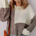 Dark khaki women's sweater with colour block design, drop shoulders, and a back tie.