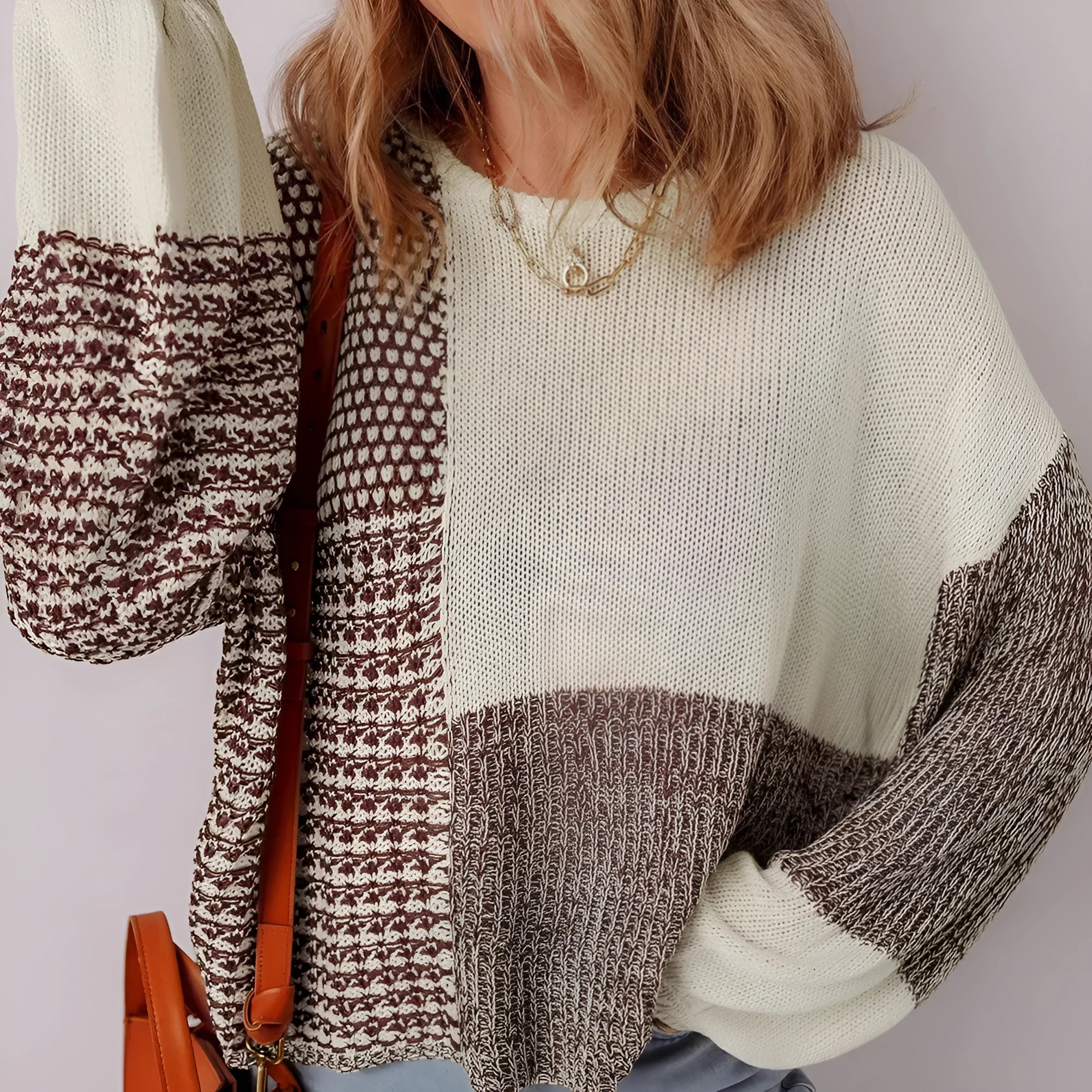 Dark khaki women's sweater with colour block design, drop shoulders, and a back tie.