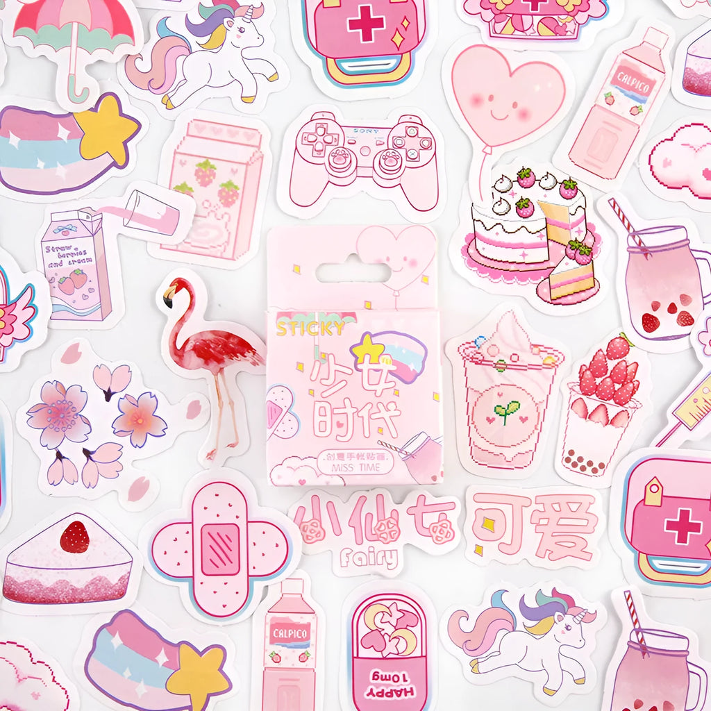 Box of 46 creative cartoon journal decorative stickers in coated paper with small patterns, various colours