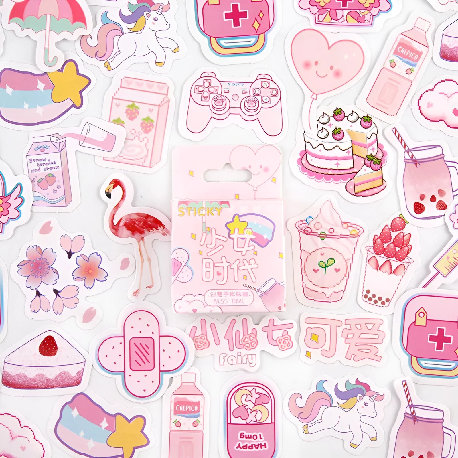Box of 46 creative cartoon journal decorative stickers in coated paper with small patterns, various colours