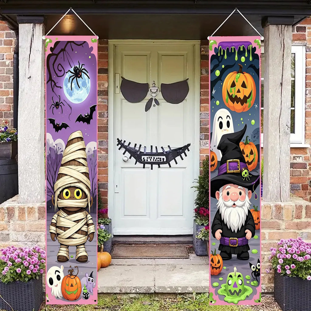 Pair of tall polyester Halloween couplet hanging flags 30x180cm for party decoration