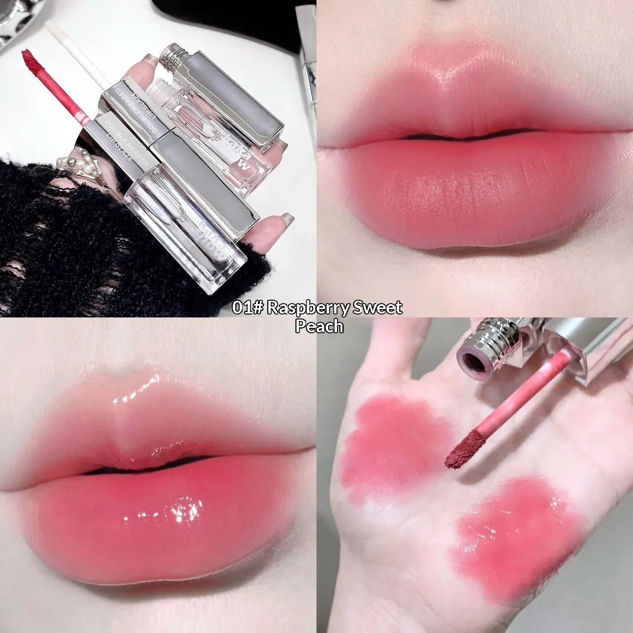 Kakashow double-headed lip glaze in velvet water gloss finish with five colour swatches