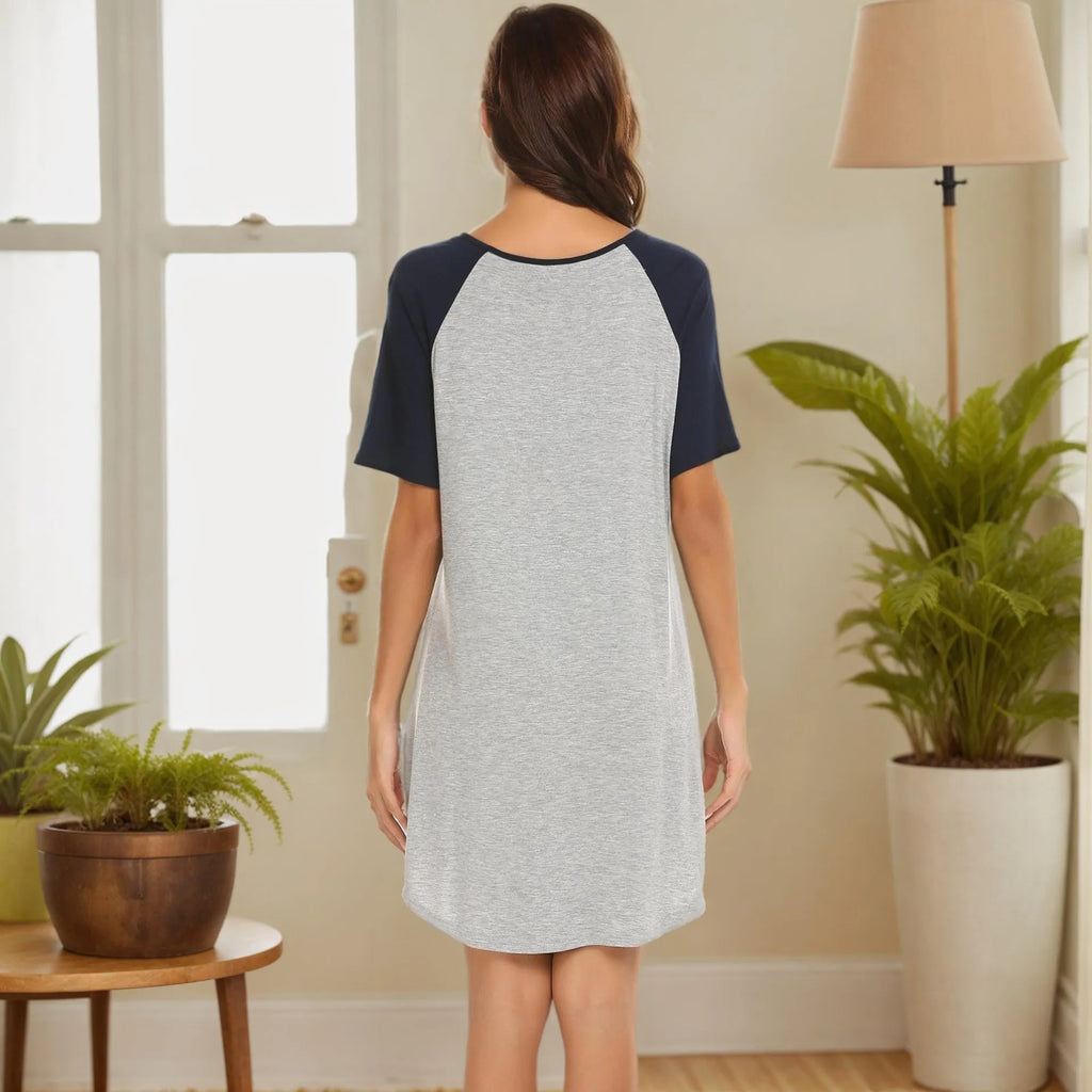 Women's patchwork nightdress in double brushed milk silk fabric, showing colour contrast design.