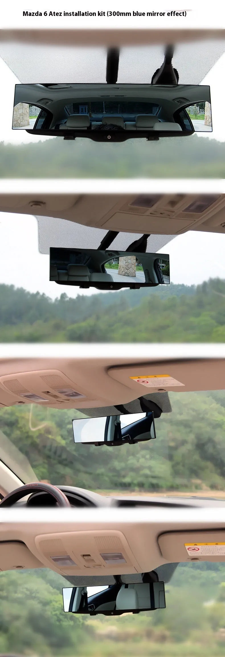 White wide-angle curved rearview mirror 300mm x 75mm with anti-glare surface and ABS frame for car surface mount