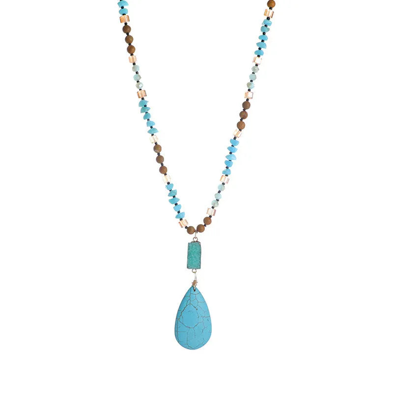 Turquoise blue heart pendant necklace with mixed gem inlay on ball bead chain