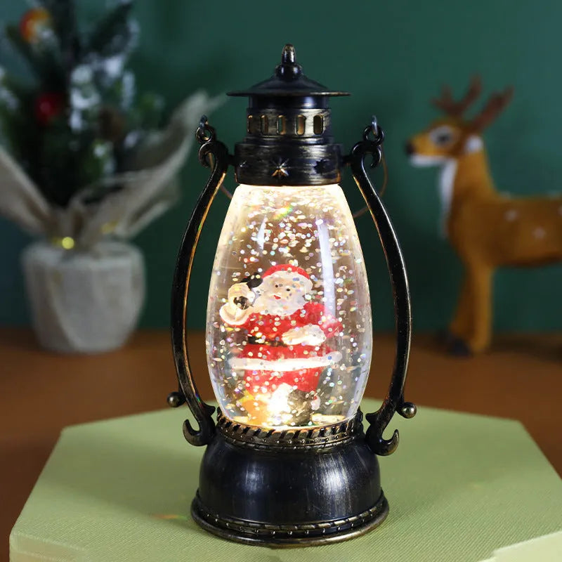 Plastic crystal ball oil lamp Christmas ornament with light-up feature in snowman and elderly figure styles