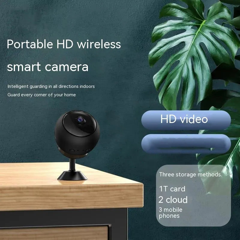 1080p wireless WiFi surveillance camera with ABS plastic housing on a white background.