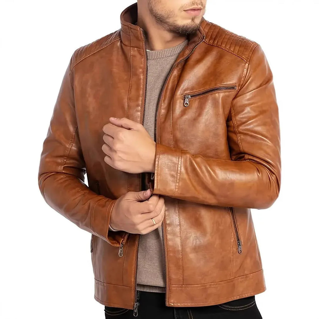 Men's brown artificial leather punk motorcycle jacket with a stand collar and straight hem.