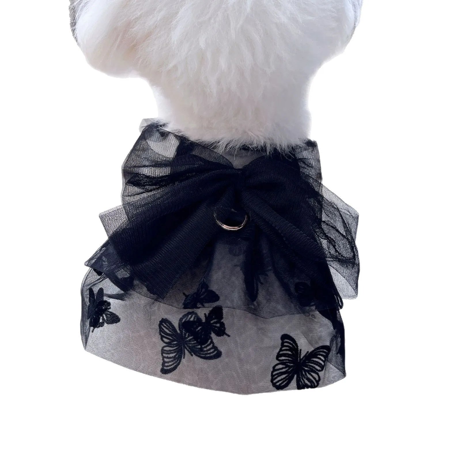 Black tulle princess skirt costume on small dog, showing tiered gauze design and adjustable fit.