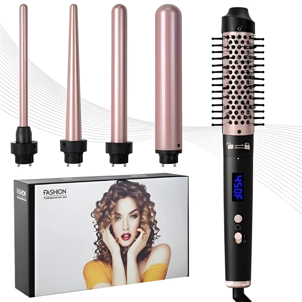 Automatic hair curler in rose gold colour with three headbands on white background