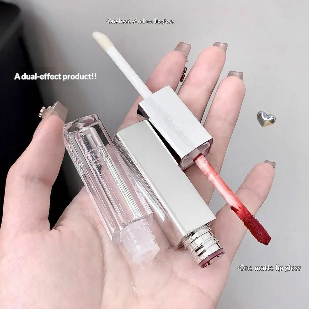 Kakashow double-headed lip glaze in velvet water gloss finish with five colour swatches