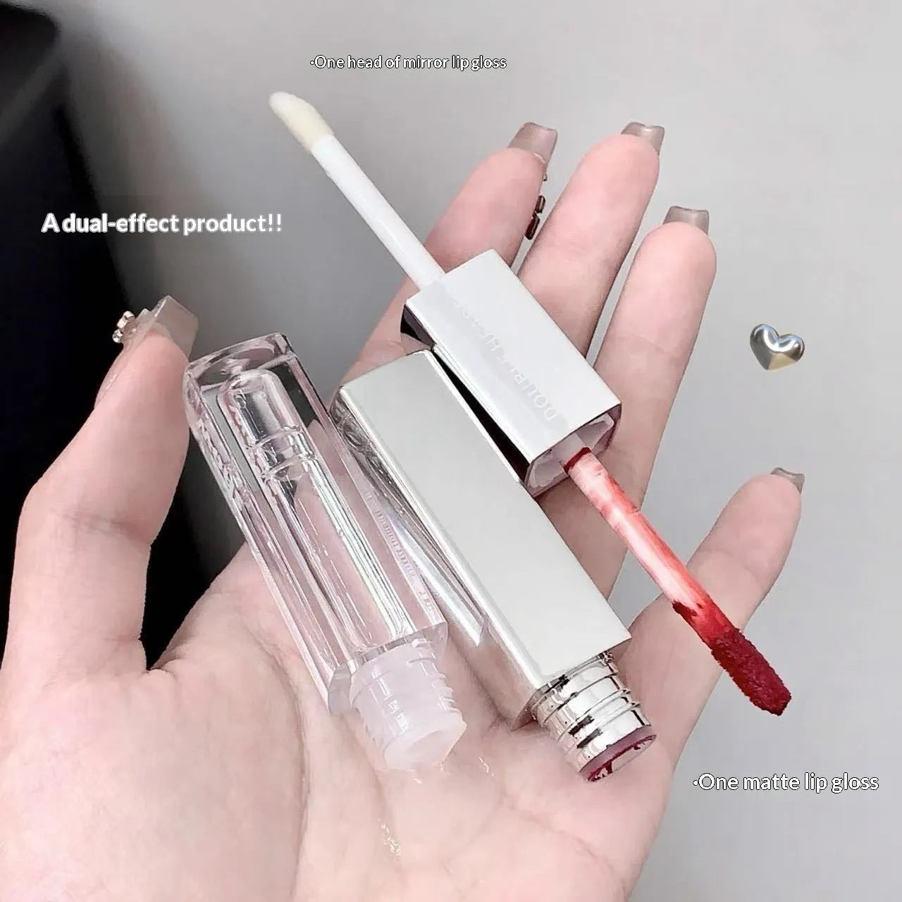 Kakashow double-headed lip glaze in velvet water gloss finish with five colour swatches