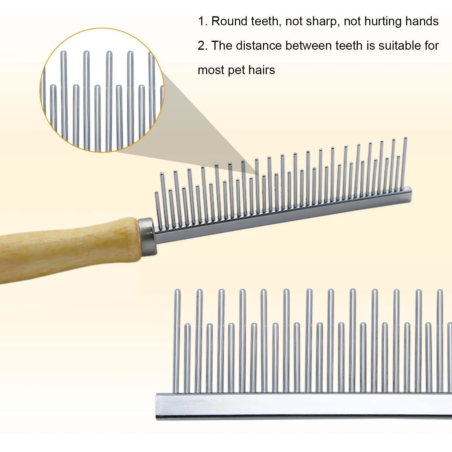 Wooden handle pet grooming comb with smooth round teeth for dogs and cats