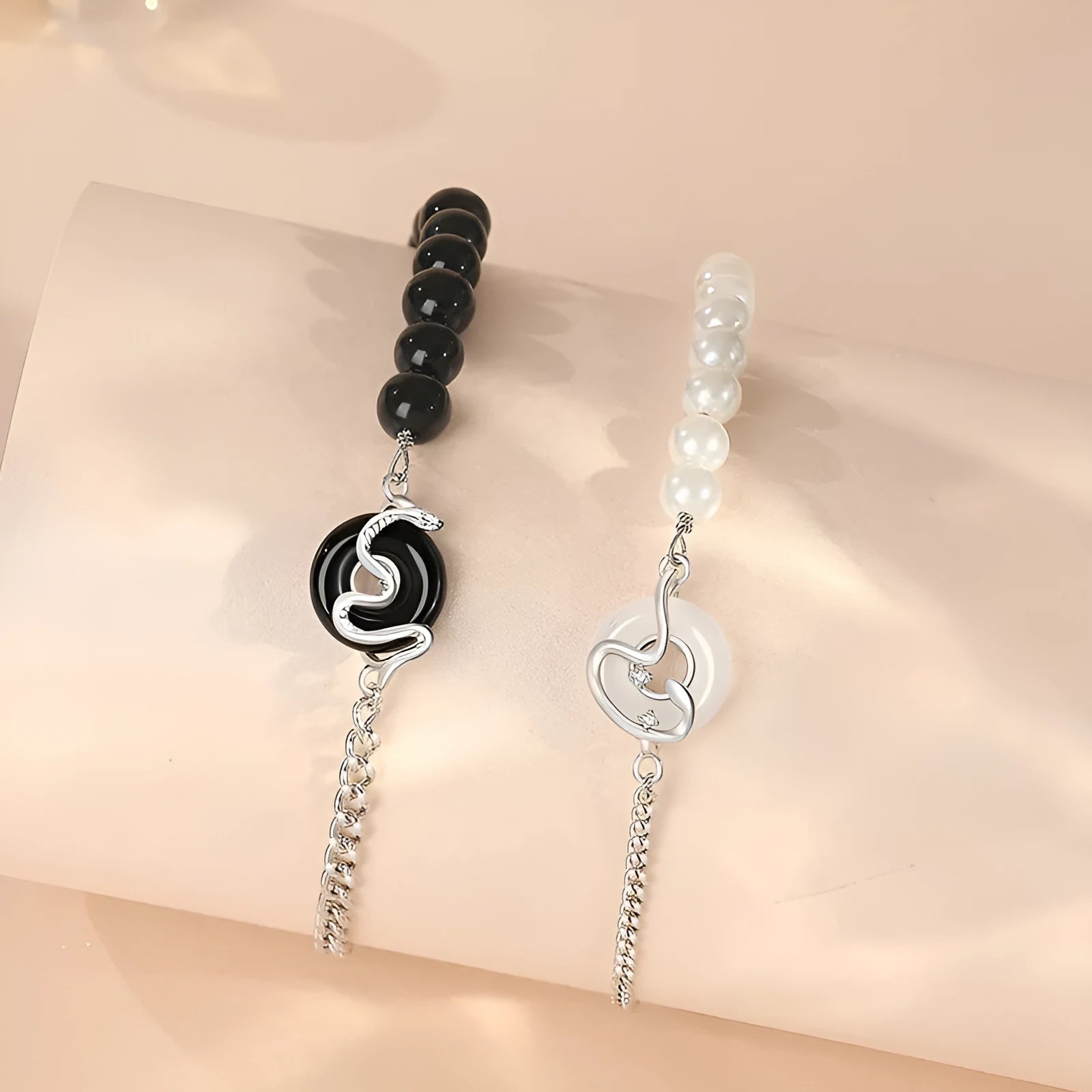 New Chinese style 925 sterling silver snake zodiac couple bracelet with obsidian pearls and safe buckle.