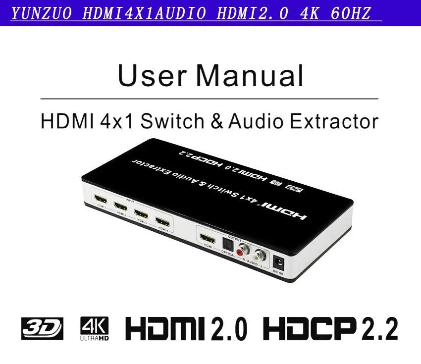 Black HDMI audio switch with four input ports, one output port, remote control, and international power adapters