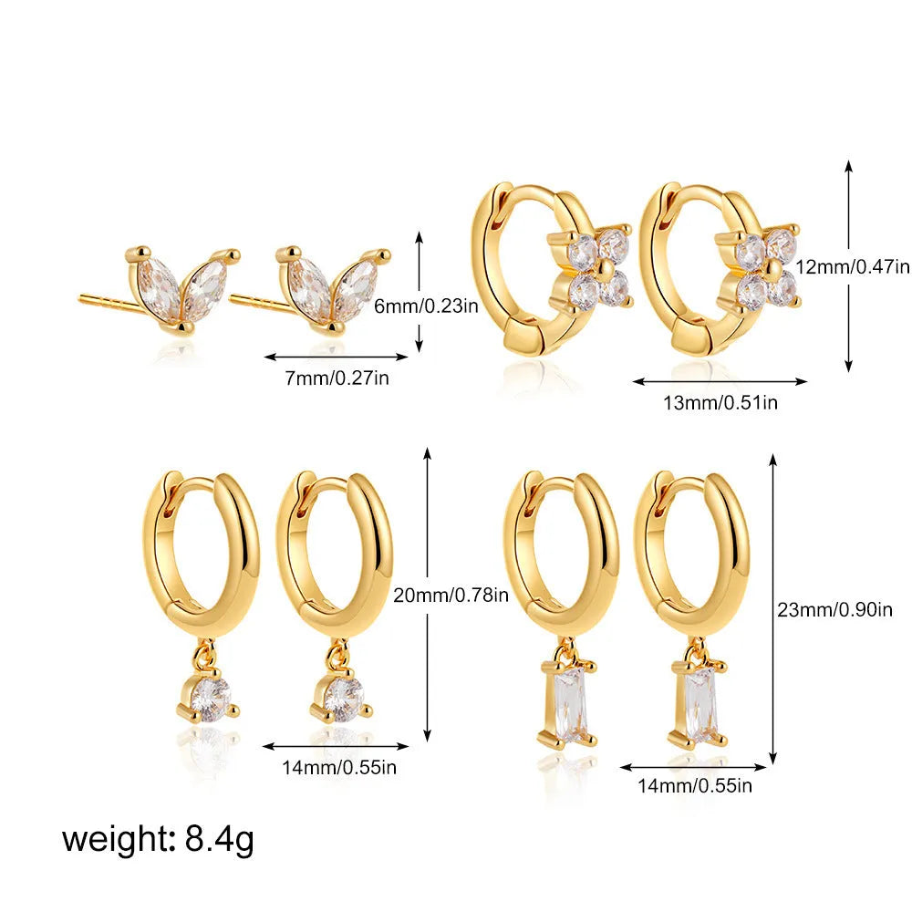 Copper electroplated geometric earrings four-piece set with star and quadrilateral shapes