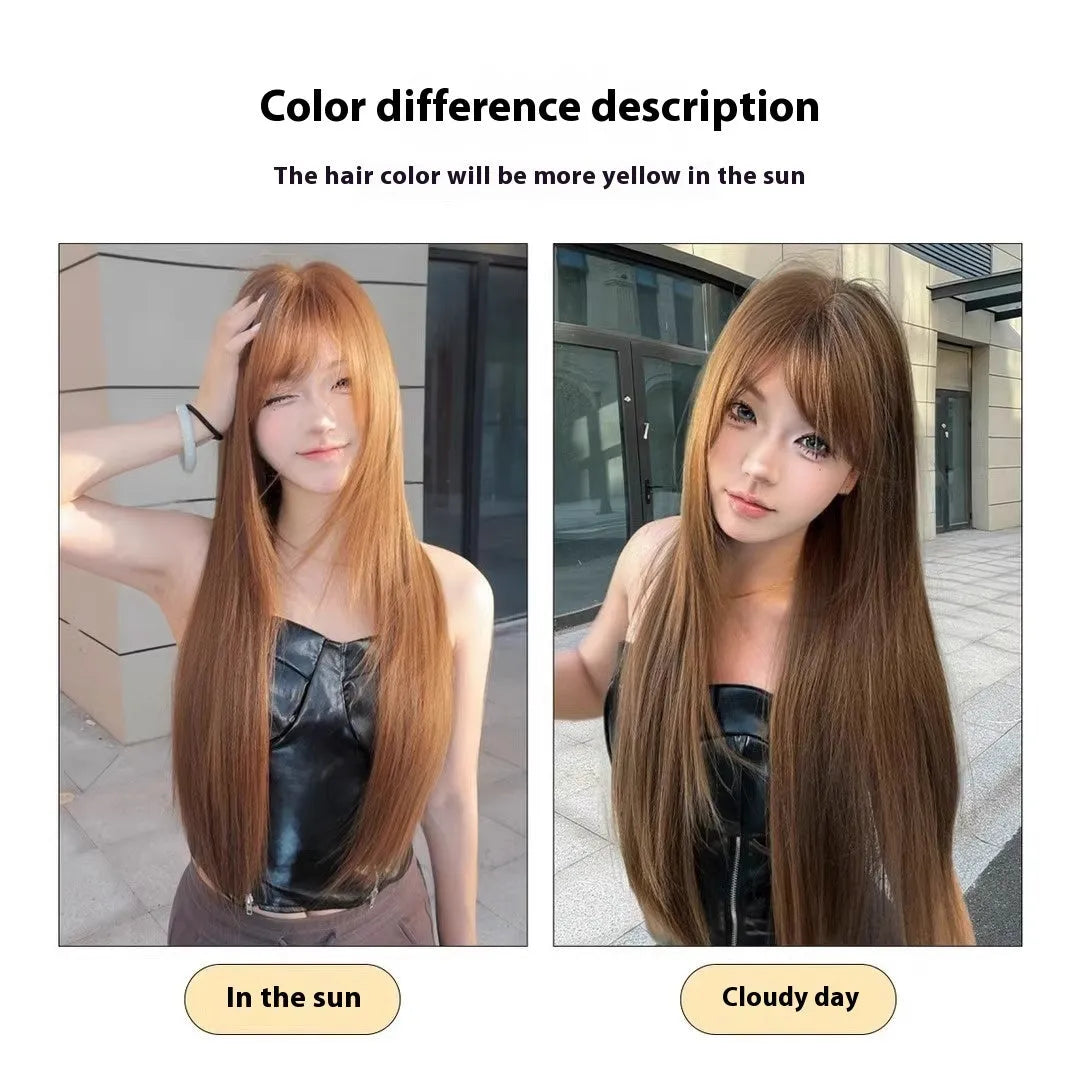 Long straight warm brown wig with bangs for women on a mannequin head showing full length and natural colour