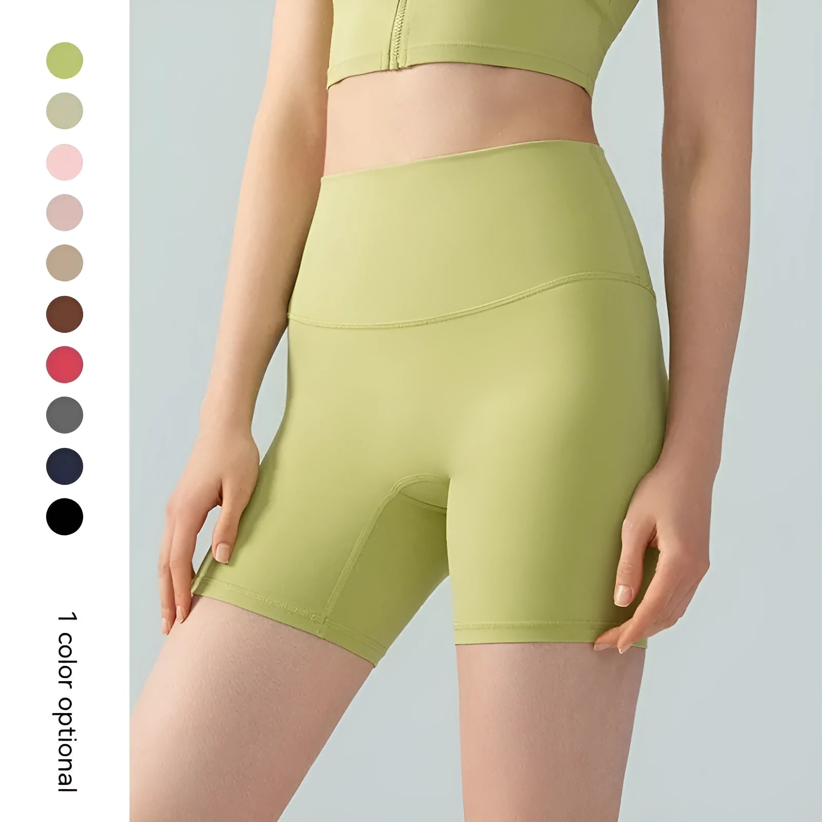 Women's high-waist Lycra yoga shorts in leaf green, short length for cycling and exercise.
