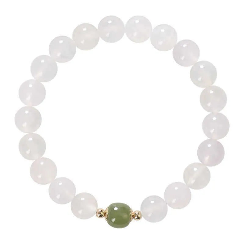 Natural white agate crystal bracelet with cinnabar inlay and text detail, handmade, 6mm and 8mm beads