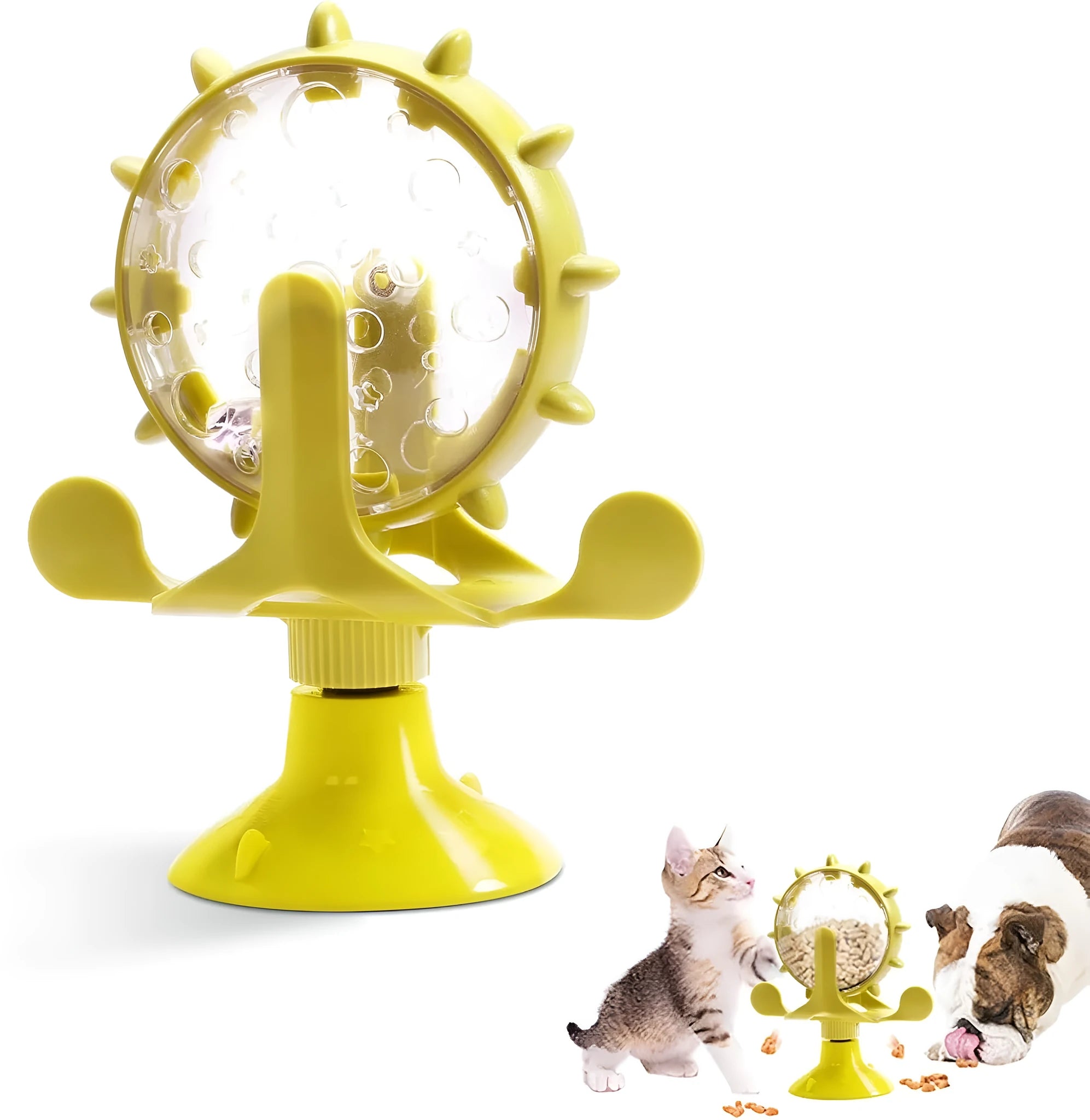 Interactive pet puzzle toy with rotating spinner and bottom sucker for cats and small dogs