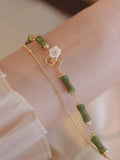 Natural olivine double layer bracelet with twin bells of Ireland charm, handmade green stone beads, women's pastoral jewellery
