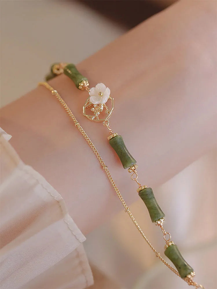 Natural olivine double layer bracelet with twin bells of Ireland charm, handmade green stone beads, women's pastoral jewellery