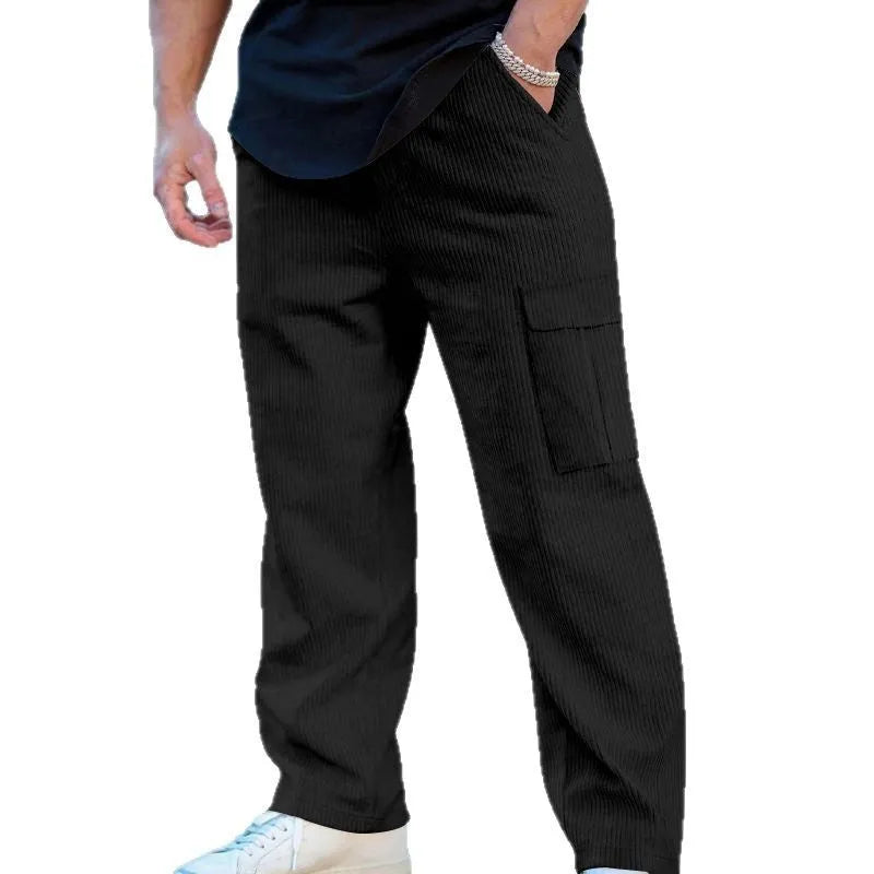 Men's straight-leg corduroy cargo trousers in navy blue with an elastic drawstring waist.
