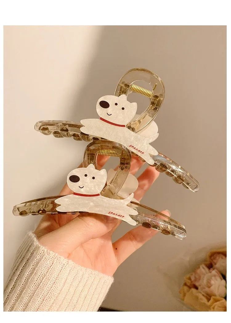 Cute cartoon puppy barrette grip hair clip in beige with puppy handle, 8cm and 13cm sizes available