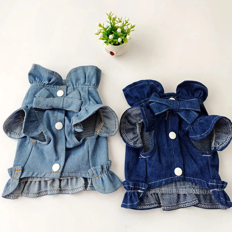 Blue denim dog dress with chest harness and back ruffles in various sizes