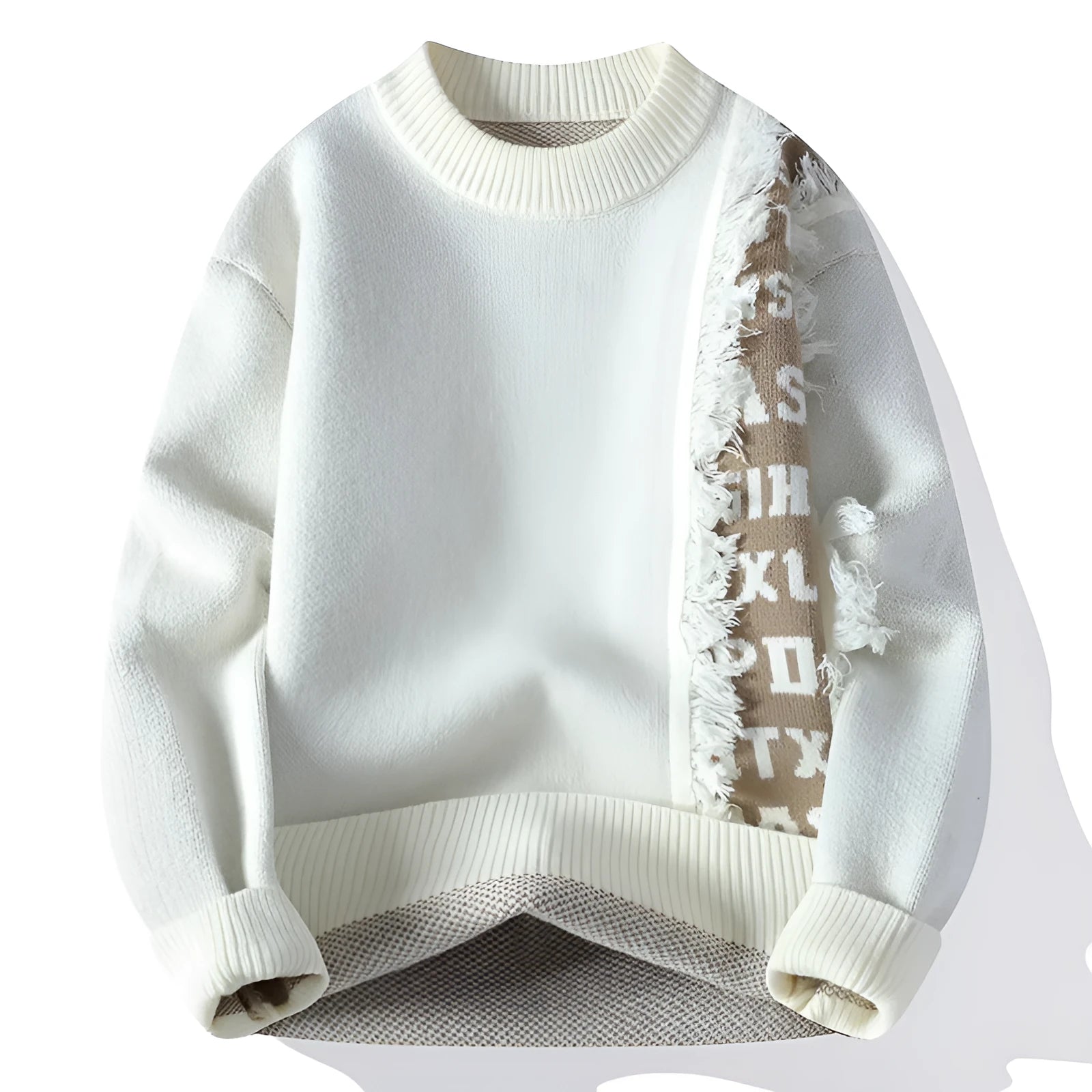 Men's loose-fit knitted pullover jumper in a rabbit fur blend with ribbed hem, shown in multiple colours.