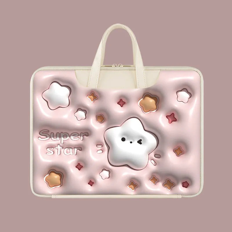 Inflatable laptop bag with PU leather in Cat Beige colour, hanging on a suitcase, showing 13.3 inch size option.