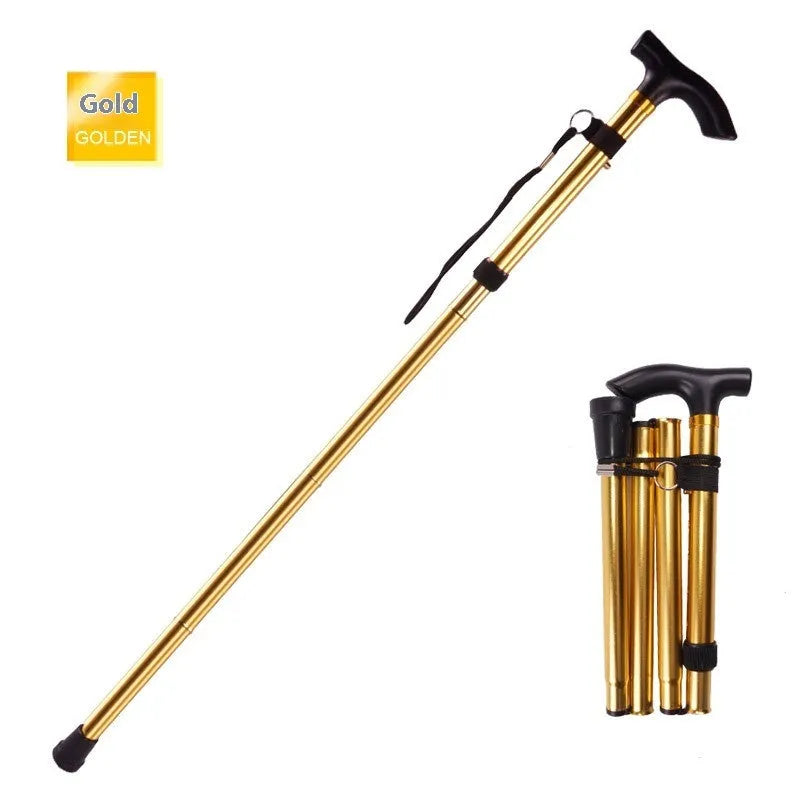 Aluminium folding walking stick with adjustable telescopic shaft and non-slip handle, shown in a selection of colours.