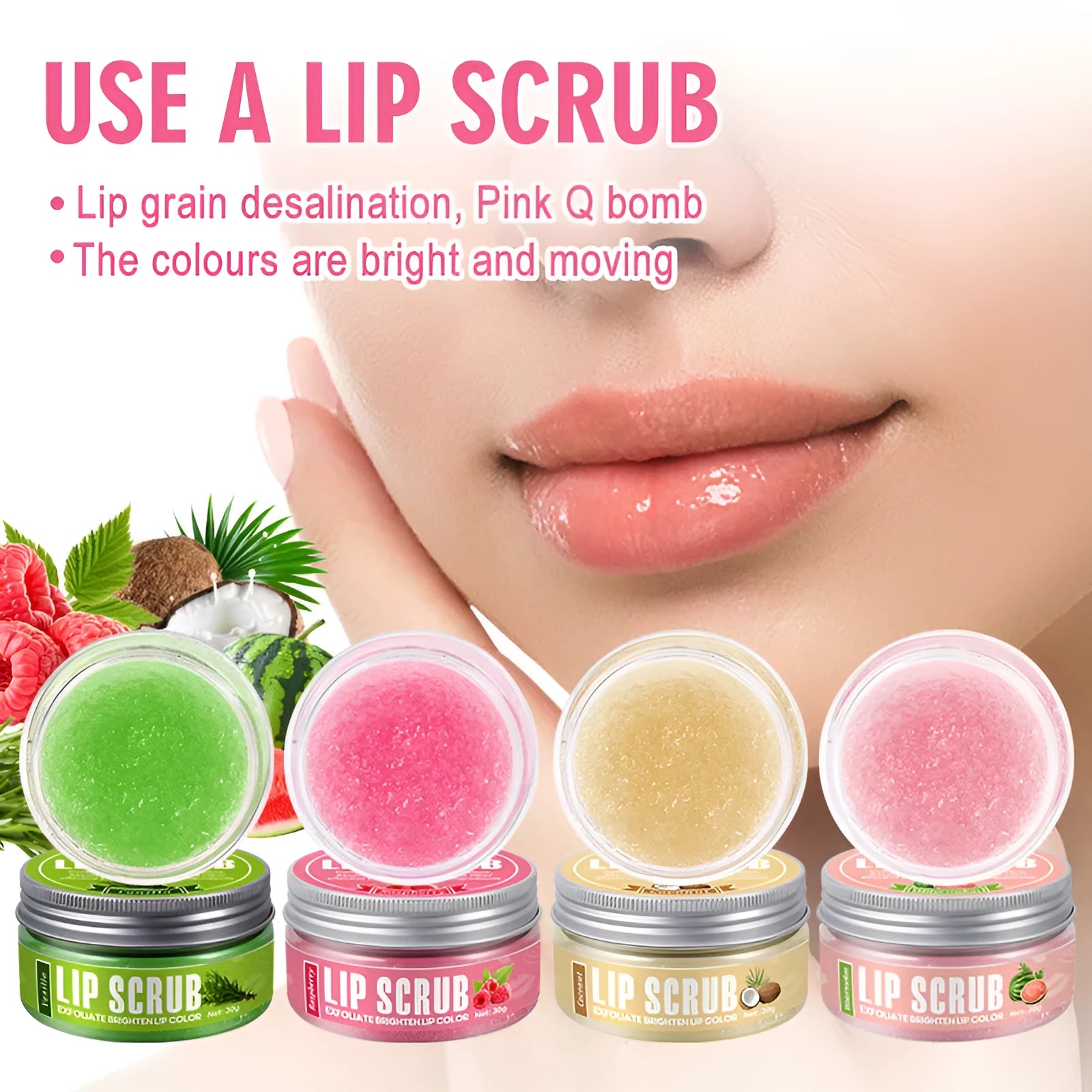30g jar of fruit flavour lip scrub cream in coconut, raspberry, vanilla, or watermelon