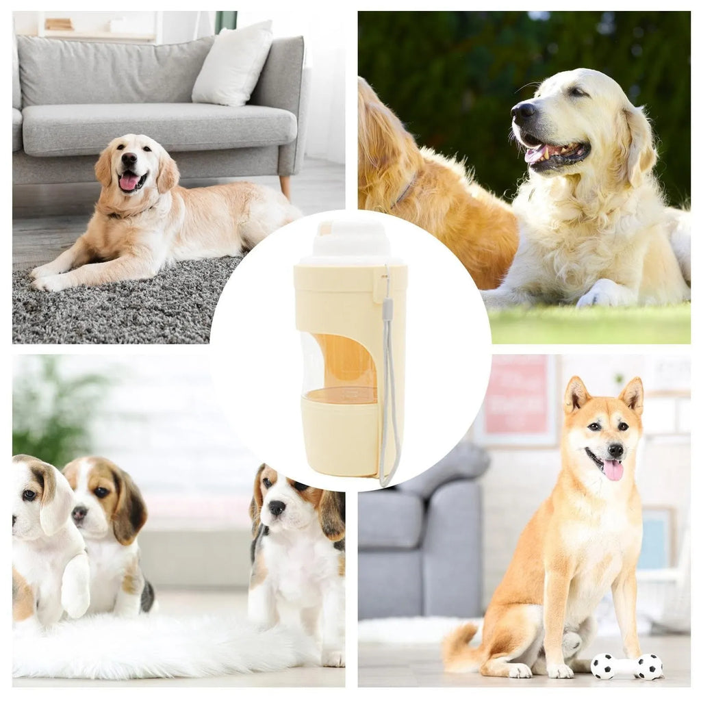 2-in-1 travel dog water bottle with 690ml capacity and green lanyard, folded to 20cm x 9cm, showing transparent body and dual compartments