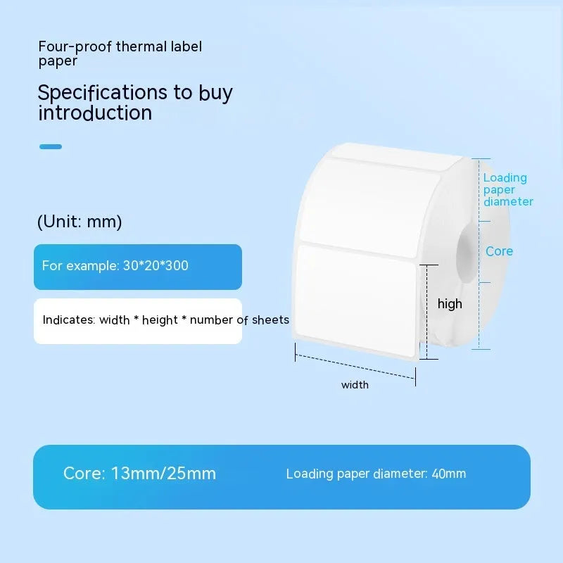 Roll of white 40x40mm four-proof thermal synthetic paper adhesive labels for retail pricing.
