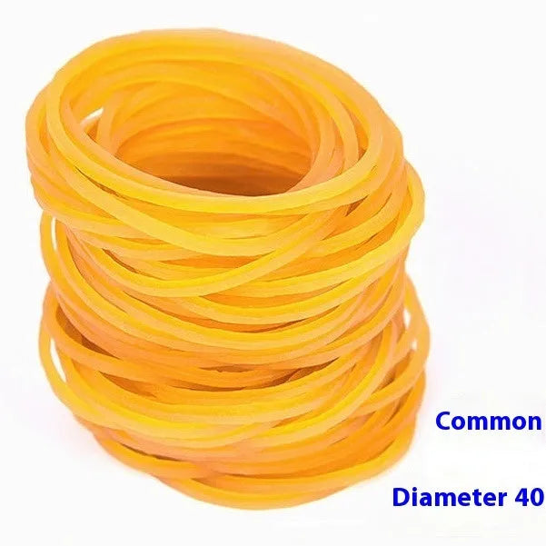 500g pack of yellow rubber bands showing multiple diameter sizes from small to large