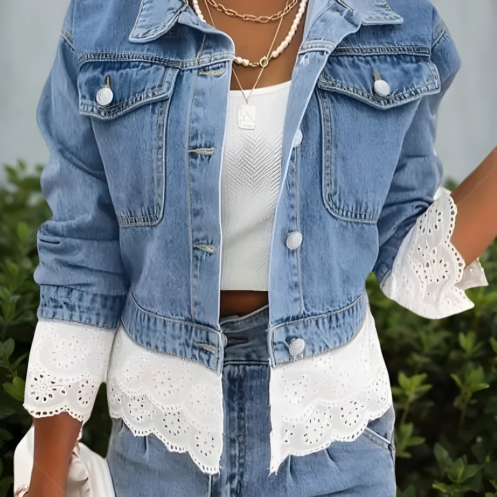 Blue lace stitching fashion denim jacket for women long sleeve cotton coat