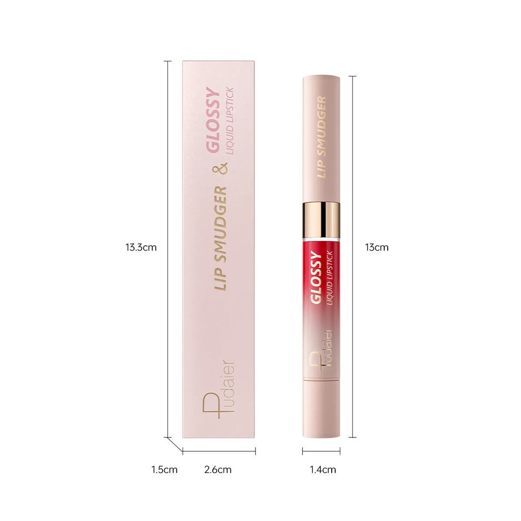 Double-headed lipstick and lip gloss stick showing ten colour options with matte finish