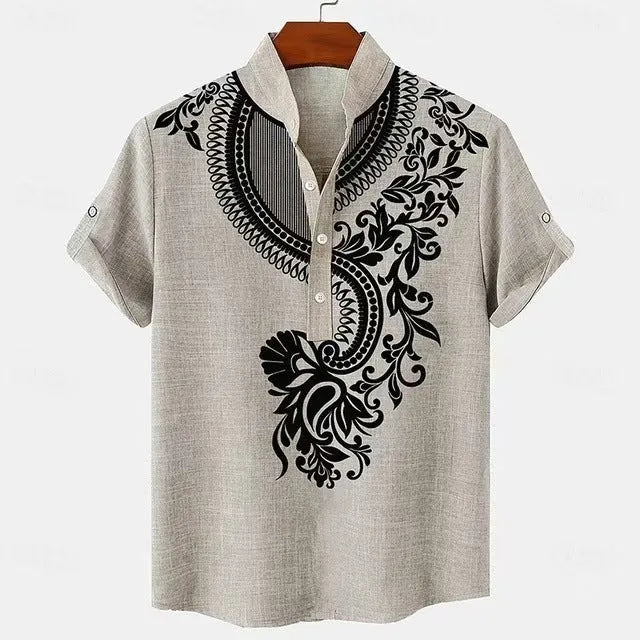 Men's striped casual shirt with button detail on a loose linen-style polyester fabric.
