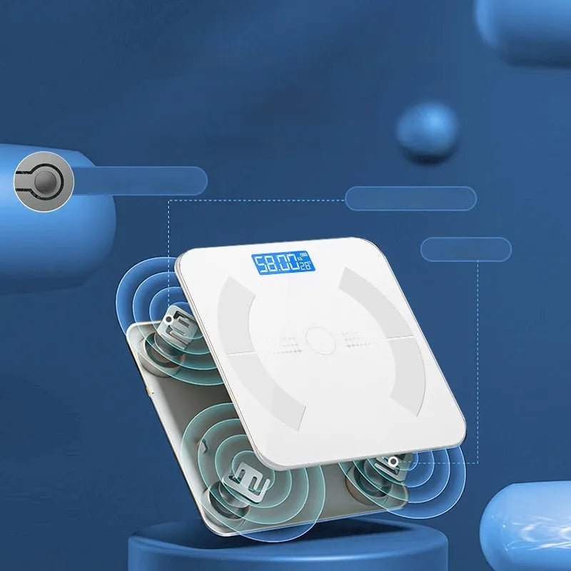 Smart Bluetooth rechargeable body fat scale in white, black or pink colour options