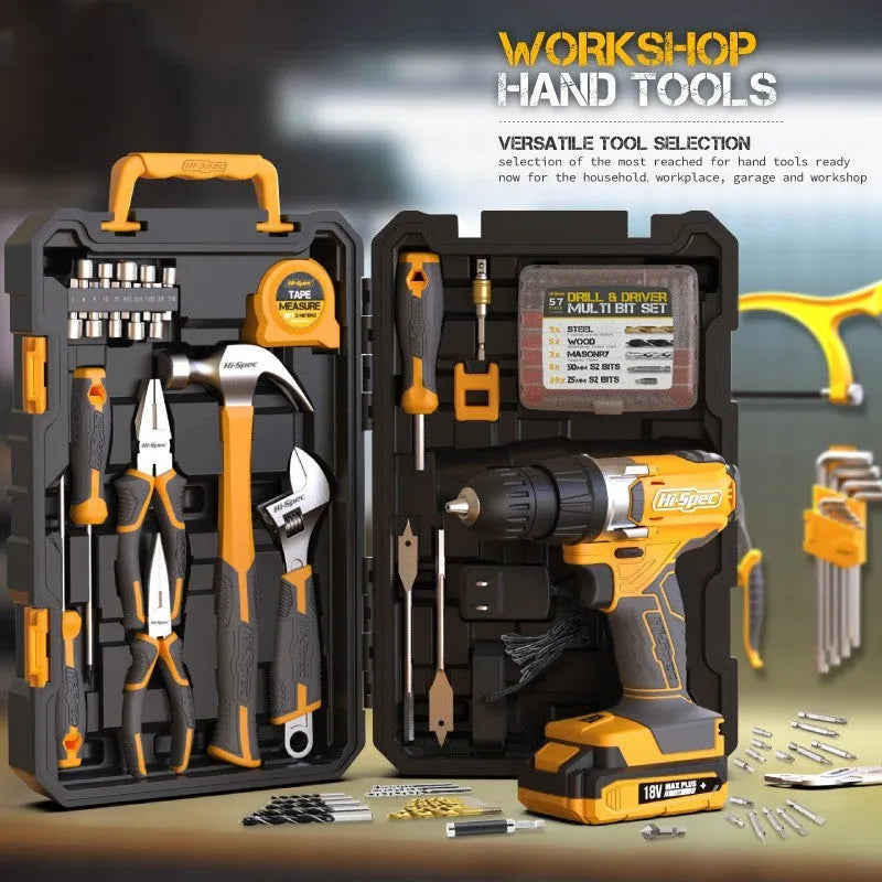 Grey yellow 82-piece furniture repair tool kit in a box with chrome-vanadium steel hardware.
