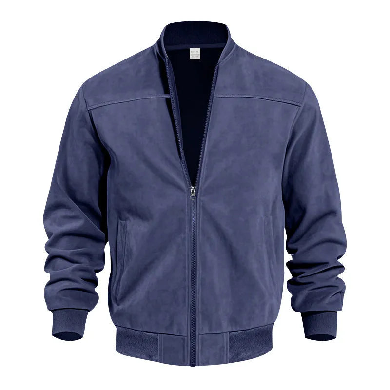 Men's plus size suede casual jacket in army green with a zip front and regular sleeves.