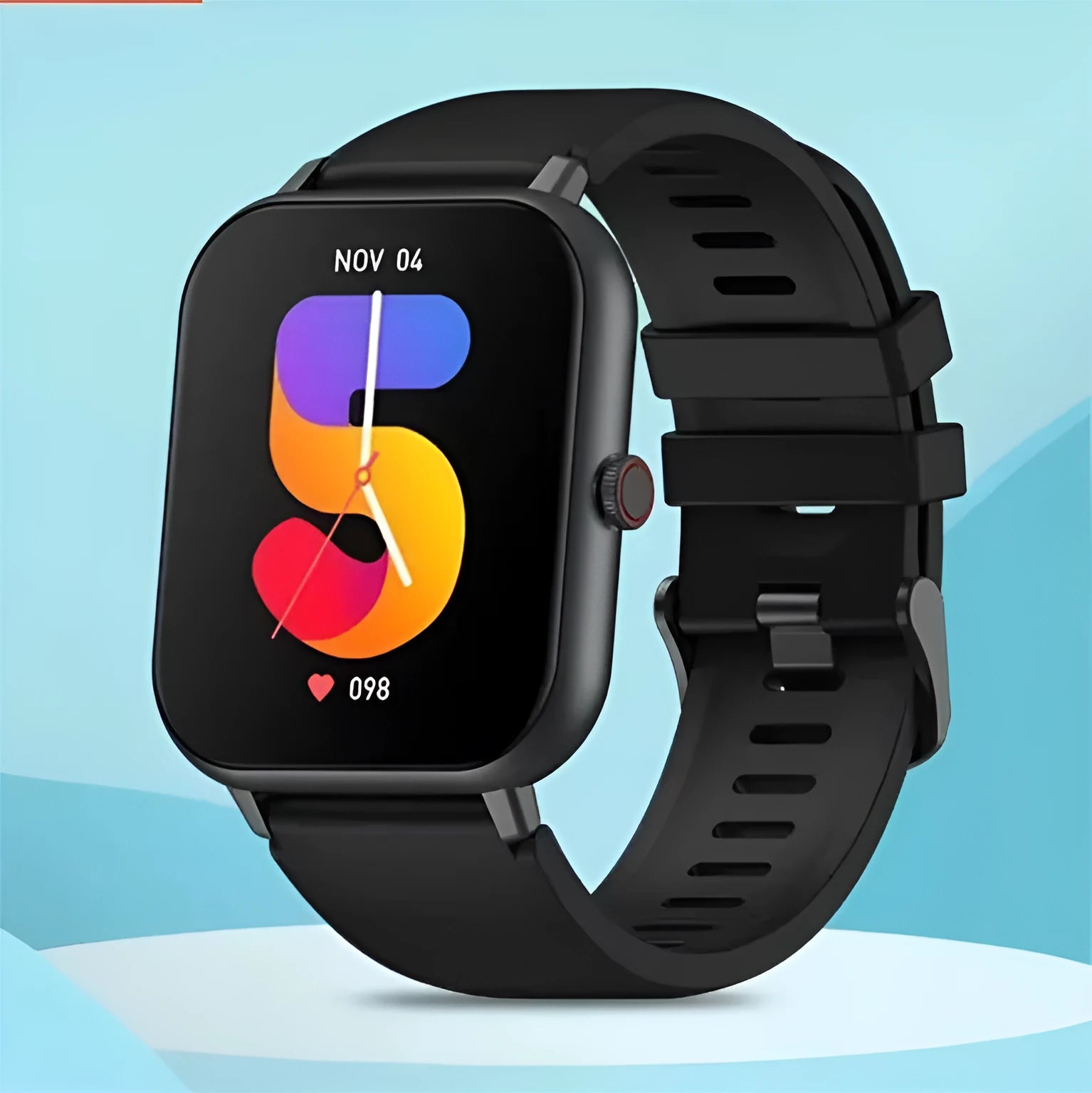 Black Bluetooth smart watch with touch screen displaying heart rate and step count data.