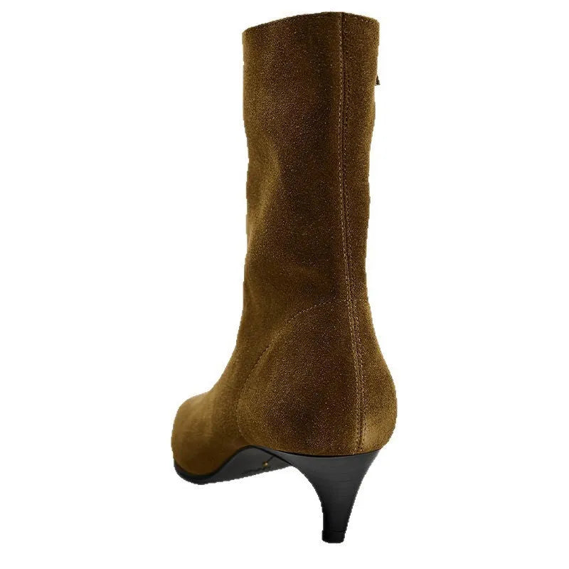 Brown square toe high heel boots with side zipper and a kitten heel on a waterproof platform sole.