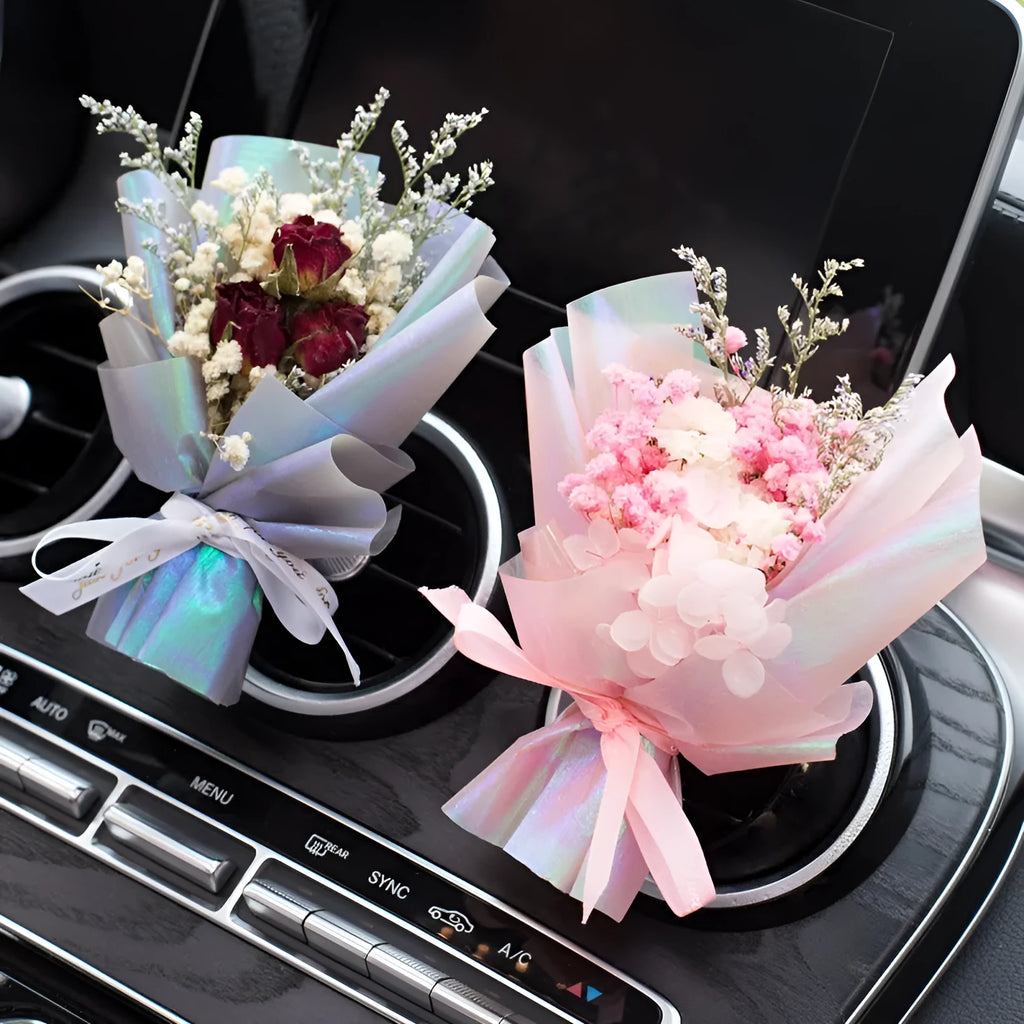 Handmade dried flower car vent perfume with rose ornament and essential oil scent slices